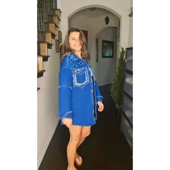 Oversized Denim Jacket with Sequin Pockets, Long Sleeve Casual Shacket - Picture 8 of 8